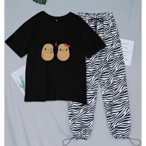 Kawaii Harajuku Women Potatoes T Shirt Couples Oversized Cotton T-shirt 90s Aesthetic Sweatpants Goth High Waist Striped Pants