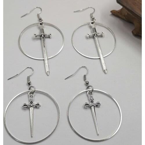 Swords metal hoop earrings Witchy warior pagan vikin alternative gothic medieval silver color Classic tarot CARDS gift women