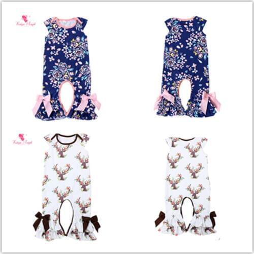 Kaiya Angel Baby Romper Newborn Baby Girl Clothes Cotton Royal Blue Floral With Light Pink Bow Spring Summer Factory Wholesale