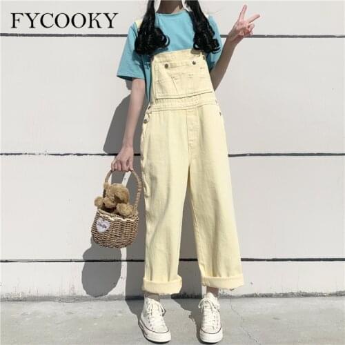 Summer New Korean Loose Jumpsuits Women Casual Kawaii Baggy Yellow Overalls Woman Sweet Fashion One Piece Outfits