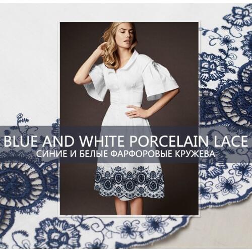 Pearlsilk Chinese Blue and White Porcelain Embroidered Lace 100%cotton Materials Spring Dress DIY clothes fabrics Freeshipping
