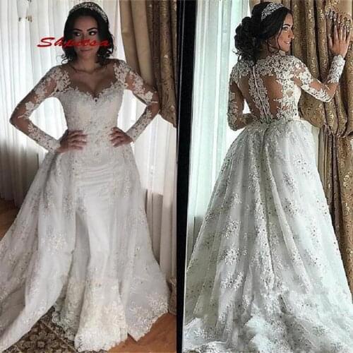 Long Sleeve Lace Mermaid Wedding Dresses Plus Size Detachable Skirt Bridal Bride Dress Wedding Gowns