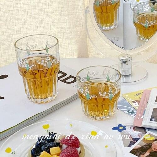 Ins Flower Cup Glass Girl Retro Printing Cup Drinking Juice Tea Milk Oatmeal Cup High-value Water Cup Mugs Coffee Cups