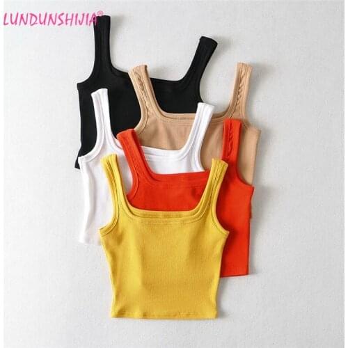 LUNDUNSHIJIA 2020 Summer Women Sexy Slim Tank Tops Solid Ribbed Cotton Square Collar Ladies Short Style Tube Top Bra
