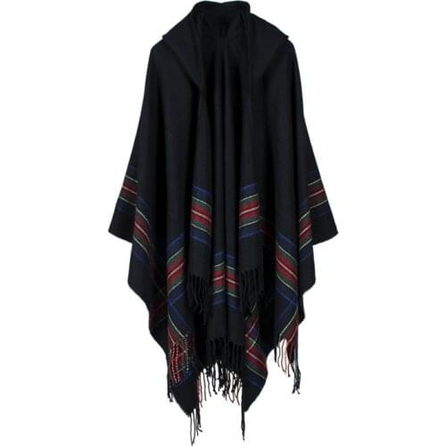 Fashion Ladies' Poncho Thickened Colored Stripes Female Capes Cashmere Jacquard Shawls Warm Fashionable Caps