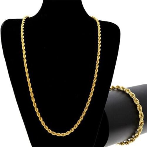 Classic Hot Style Wide Rope Chain Mens Hip-hop Gold&Silver Color Twist Chain Men Bracelet Necklace Jewelry Set