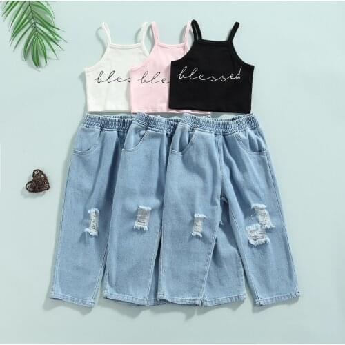 2 Pcs Toddler Casual Outfits, Girls Short Letter Print Halter Tank Tops + Ripped Jeans with Pockets 2-7T