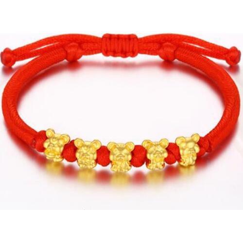 Real 24K 999 Yellow 3D Gold Chain Year of the Mouse 5PCS Zodiac Bracelet Weaving Rope For Women Men Female Bracelet 1g 6.5''L