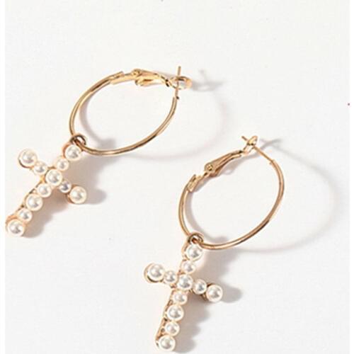 Fashion Imitation Pearl Hoop Earrings Gold Color Cross Earrings for Women Vintage Fashion Jewelry Brincos Gifts Wholesale