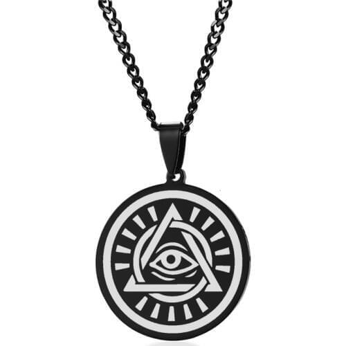Stylish Mens Eye of Providence Necklaces Black Stainless Steel Solar Eclipse Design Pendant Male Jewelry Free Chain 24"