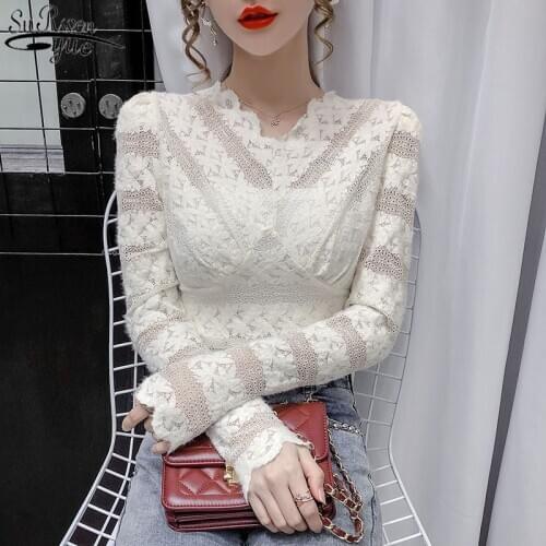 Crochet Lace Sexy Blouse Vintage White Shirts Hollow Out V-neck Female Shirts Spring Casual Puff Sleeve Korean Tops Blusas 12626