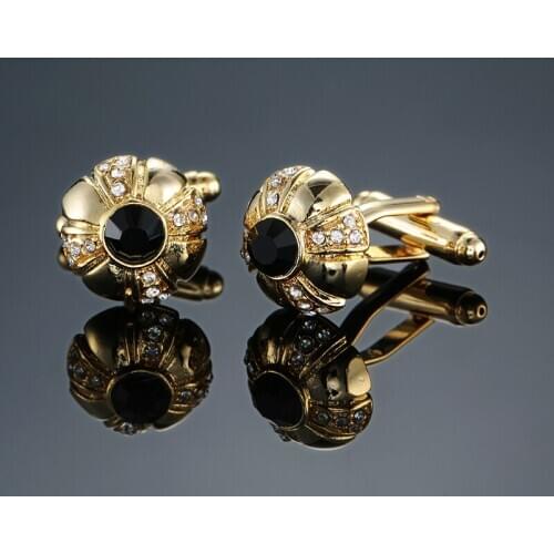 High Quality Mens Cufflink Gold Plating Black Crystal Round Mens Shirt cuff links Wedding cuffs Shirt Business