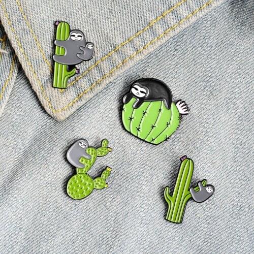 Funny Sloth Hug Cactus Enamel Pin Reliance Plant Elf Friendship Custom Pushpin Lapel Brooch Clothes Jewelry Gift to Friends