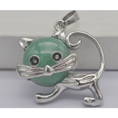Green Aventurine Stone GEM Pendant Lovely Cat Animal Jewelry For Woman Gift S3231