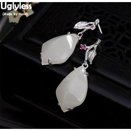 Uglyless Luxury Gemstones Natural White Jade Leaf Earrings for Women Rhombus Fine Jewelry 100% Solid 925 Silver Leaves Earrings