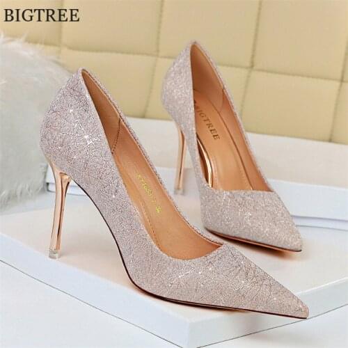 Star Womens Shoes Elegant Ladies Shining Silver Pumps Pointed Toe High Heels Wedding Party Shoes Woman Pink Shallow Spring Work