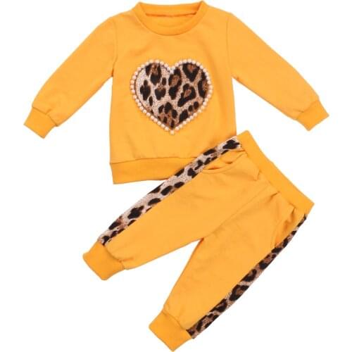 1-5Y Autumn Winter Girls Clothes Sets Leopard Pearl Print Long Sleeve Pullover Sweatshirt Pants