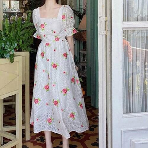 QUALITY New HIGH Fashion 2021 Runway Dress Womens Sexy Square Collar Puff Sleeve Bohemian Flower Embroidery Elegant Dress