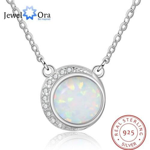 JewelOra 925 Sterling Silver Round White Opal Necklace with Zirconia Elegant Female Necklaces & Pendants Silver 925 Jewelry