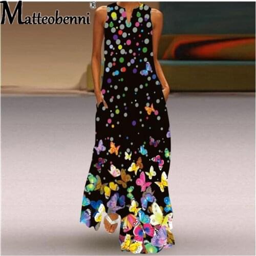 5XL Large Size 2021 New Summer Boho Dresses Women Sleeveless Dot Butterfly Print Dress Robe Casual Femme Loose Pocket Maxi Dress