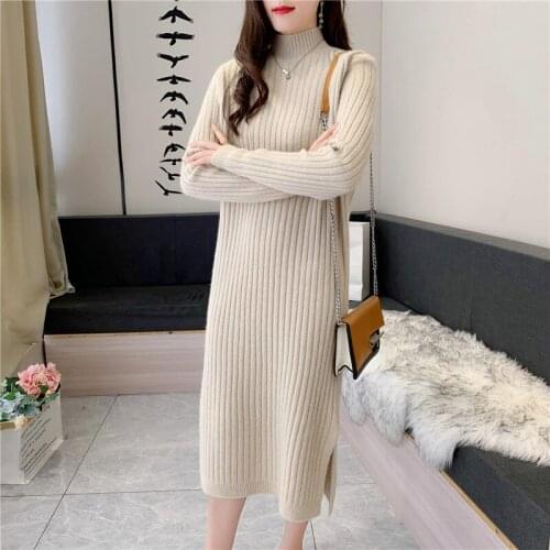 Winter Women Basic Long Sweater Dress Elegant Long Sleeve Turtleneck Solid Color Simple Loose Ladies Thicken Knitted Pullovers