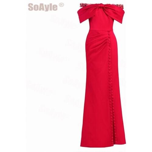 SoAyle Formal Evening Dress Sexy Side Opening buttons Evening Gown Beaded Off-Shoulder Strap Straight Evening Dresses for Women