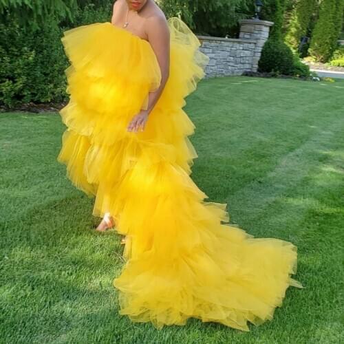Gold Yellow Tulle Dress for Women Tiered Ruffles Long Train Prom Gown Party Night Dresses Photo Shoot Dress Custom Made