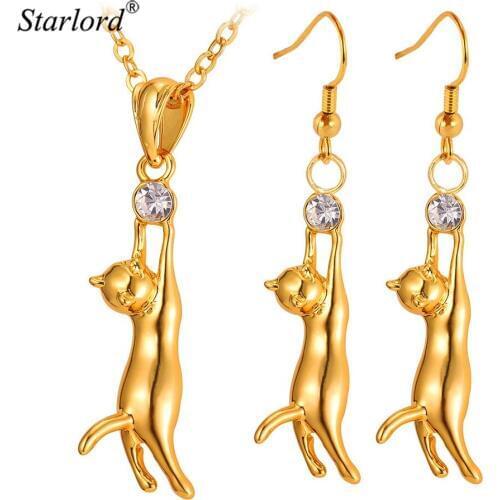Starlord Trendy Cat Pendant Necklace Drop Earrings Set For Women Girl Gold/Silver Color Rhinestone Fashion Jewelry Set PE644