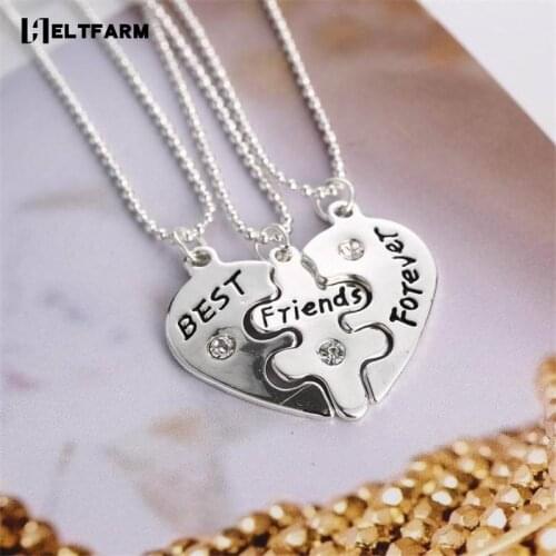 3 pcs Best Friends Forever Necklaces Colar Friendship Heart Charm Pendent Lovers' Collier Bff Statement Necklace Gift Hot Sale