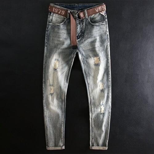 European Vintage Fashion Men Jeans Retro Distressed Designer Patchwork Ripped Jeans Men Korean Style Casual Slim Fit Denim Pants