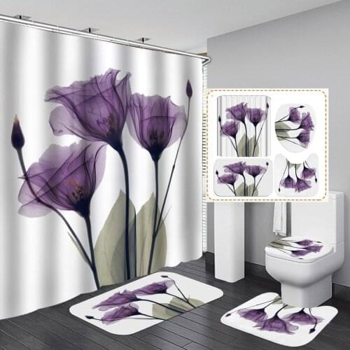 Purple Flower Shower Curtain Elegant With Non Slip Rug Mat Bathroom Curtain Waterproof Polyester Home Decor 180x180cm Custom