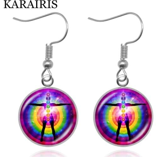 KARAIRIS Reiki Healing Rainbow 7 Chakra Dangle Earrings Yoga Buddha Glass Cabochon Gems Meditation Earings Statement Jewelery