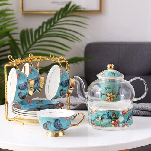 Nordic Ceramic Fruit Flower Teapot Set Glass with Filter Pull Set Base Afternoon Tea Set Gift Bone China Tea Set