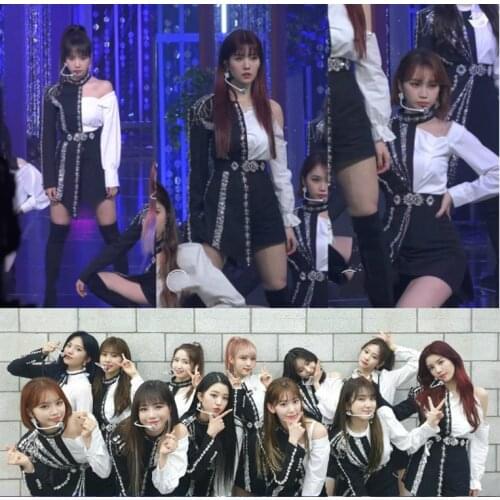 Kpop IZONE stage performance same strapless splice long sleeve shirts tops+black sexy slim skirt shorts women two piece outfits