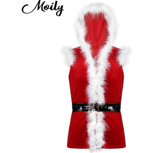 Mens Soft Velvet Sleeveless Faux Fur Trimming Hooded Tops Coat Male Christmas Xmas Cosplay Costume Dress Up Lingerie Nightwear