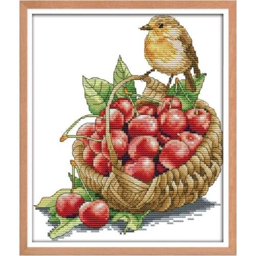 Bird and cherries cross stitch kit aida 14ct 11ct count printed canvas stitches embroidery DIY handmade needlework