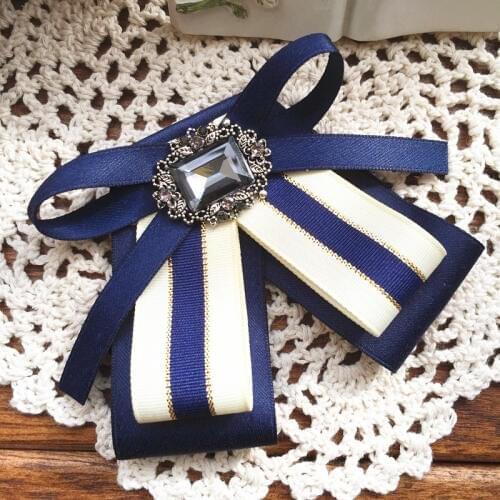 New Woman Brooches Pins Blue Striped Big Bowknot Vintage Brooches Big Rhinestone Corsage Wedding Party Fashion Jewelry