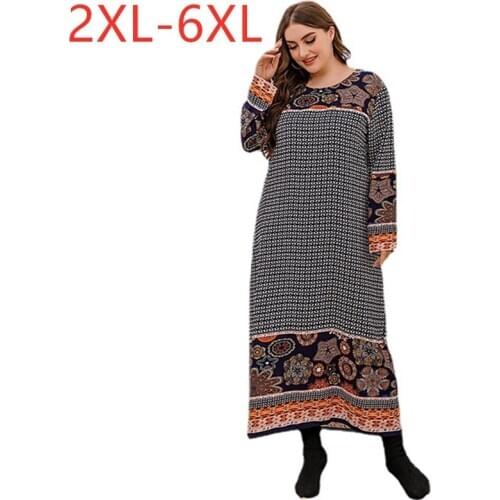 New Ladies Spring Autumn Plus Size Long Dress For Women Large Long Sleeve Loose Casual Black Print Plaid Dress 3XL 4XL 5XL 6XL