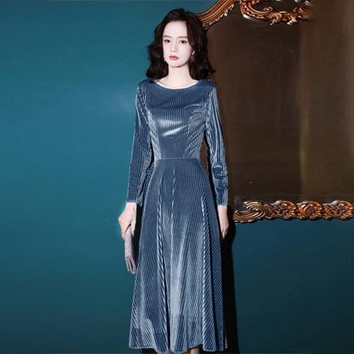Special Occasion Dresses Vintage O-Neck Full Luxury Haze Blue Ankle-Length A-Line Satin Fashion Elegant Women Prom Gown E1032