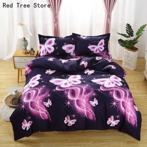 Purple Pink Butterfly Dandelion Romantic Comforter Fantasy Print Bedding Set Double Bed Queen Duvet Cover Set Pillowcase Luxury