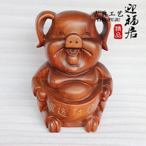 Lucky grass pear wood carving crafts boutique red pig WenWan zodiac animal creative Home Furnishing ornaments