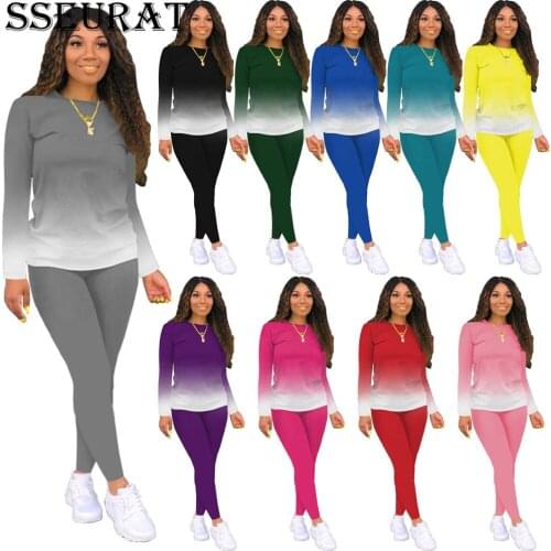 SSEURAT Sport Gradient Women Two Piece Set Long Sleeve Tee Tops Skinny Sweatpants Jogger Suit Autumn Tracksuit Outfits 2021