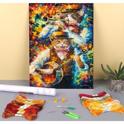 Banjo Music Cats Printed 11CT Cross-Stitch Patterns Embroidery DMC Threads Hobby Needlework Handmade Sewing Jewelry Decor