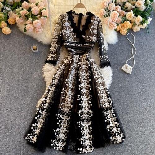 High-end Autumn Womens Clothing Flower Embroidery Mesh Dress Elegant V Neck Lace Long Dresses Party For Woman Vestidos 2021 New