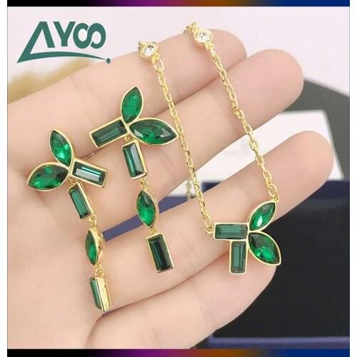 SWA Fashion Jewelry Original 1:1 Charm ATELIER BEAUTIFUL EARTH Green Leaf Crystal Necklace Earring Set Romantic Gift