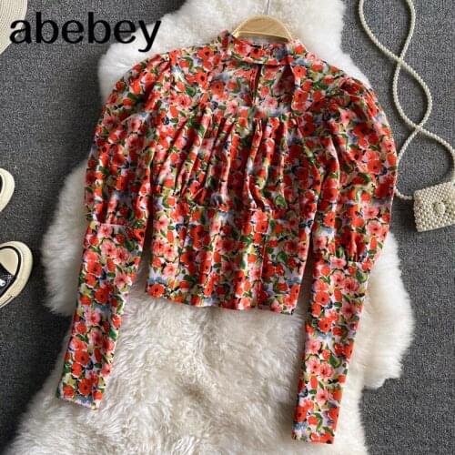 French Sweet Floral Blouse Women Puff Sleeve Elastic Ruched Blouses 2021 Spring Bohemian Print Vacation Tops