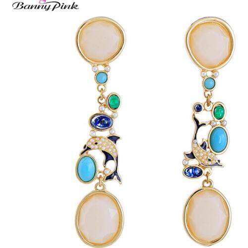 Banny Pink Cute Enamel Dolphins Pendant Studs Earrings For Women Chunky Geo Resin Statement Post Earrings long Party Earrings