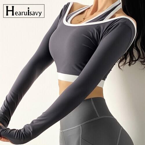 Fake Two Sports Tops Women Crop Top Quick-Drying Tight Long-Sleeve Yoga T-shirt Running Training Fitness Casual Clothing