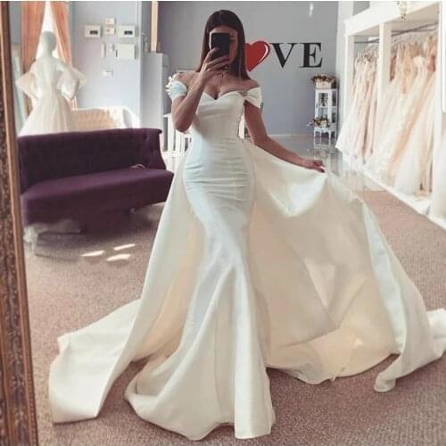 Fashion Overskirts Mermaid Wedding Dress 2021 White Satin Off Shoulder Women Sweep Train Bridal Dresses Vestidos De Novia