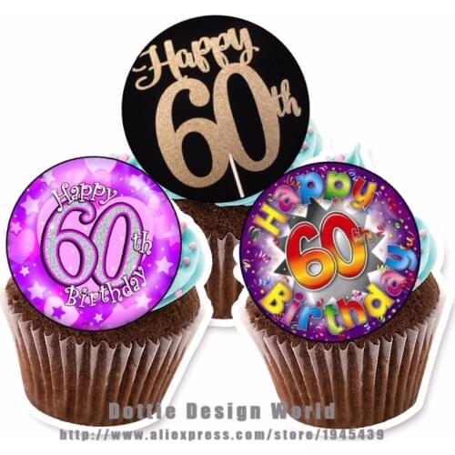 24 60th Birthday Edible Cake Topper Wafer Rice Paper Cake Cookie Cupcake Topper Decoration Birthday Wedding Cake Decor Supply